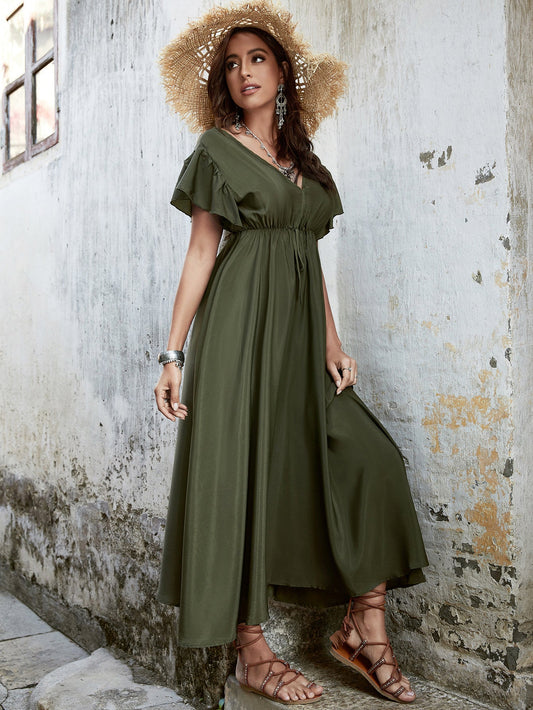 V-Neck High Waisted Slim Open Back Dress