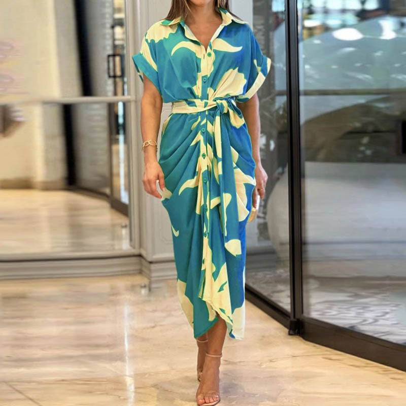 Women'S Printed Polo Collar Short Sleeve High Waist Long Shirt Dress