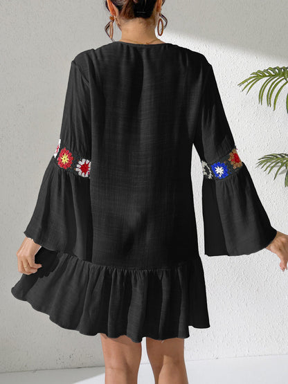 Women'S Bohemian Ruffle Beach Dress V-Neck Crochet A-Line Dress