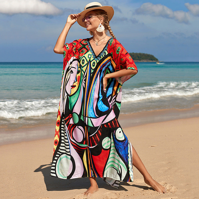 Printed Beach Skirt Loose Robe Seaside Holiday Bikini Swimsuit Smock Sunscreen Blouse Women