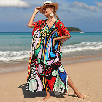 Printed Beach Skirt Loose Robe Seaside Holiday Bikini Swimsuit Smock Sunscreen Blouse Women