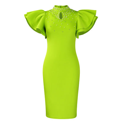 Fashionable Elegant Ruffled Sleeve Beaded Party Dress