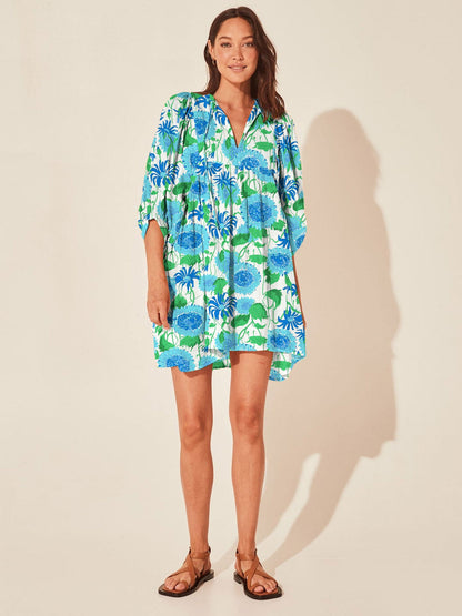 Floral Print Casual Dress with Tie Waist and Half Placket