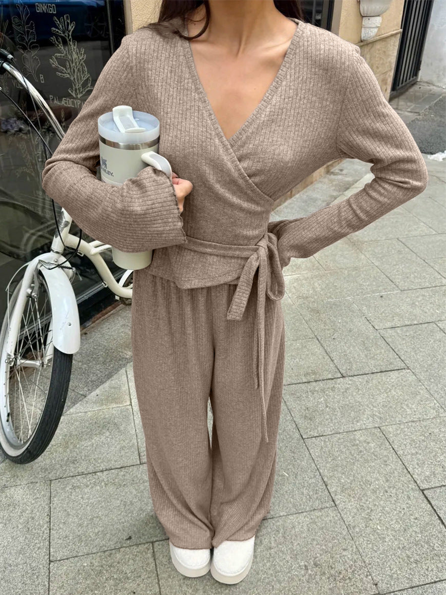 V-Neck Knit Long Pants Set Stylish Casual Outfit
