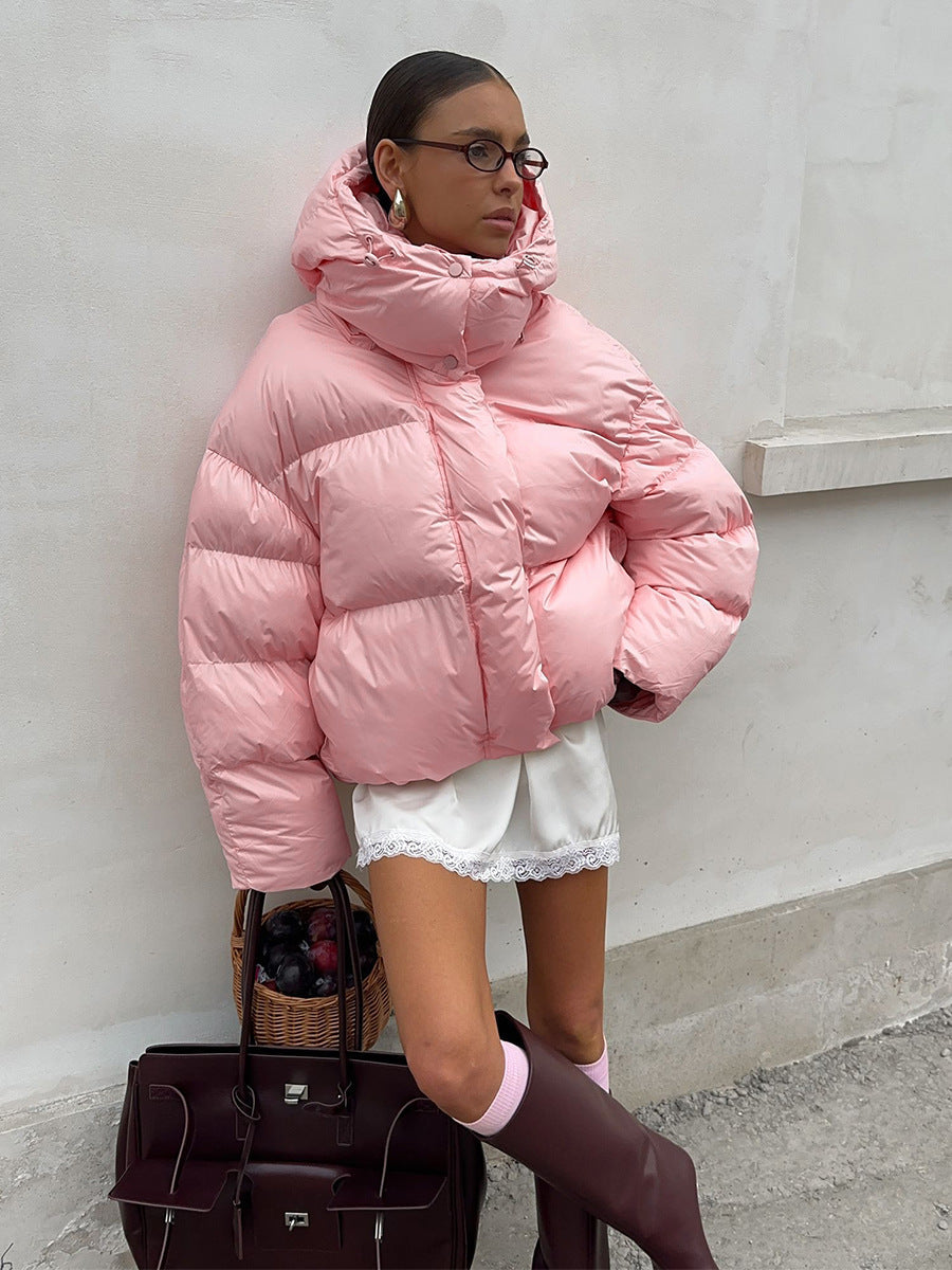 Pink Hooded Puffer Jacket Warm Thick Casual Outerwear