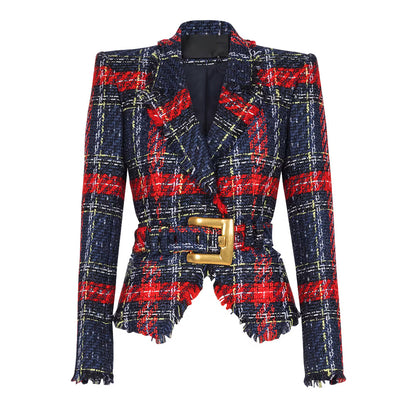 Trendy Checkered Tweed Blazer With Waist Tie