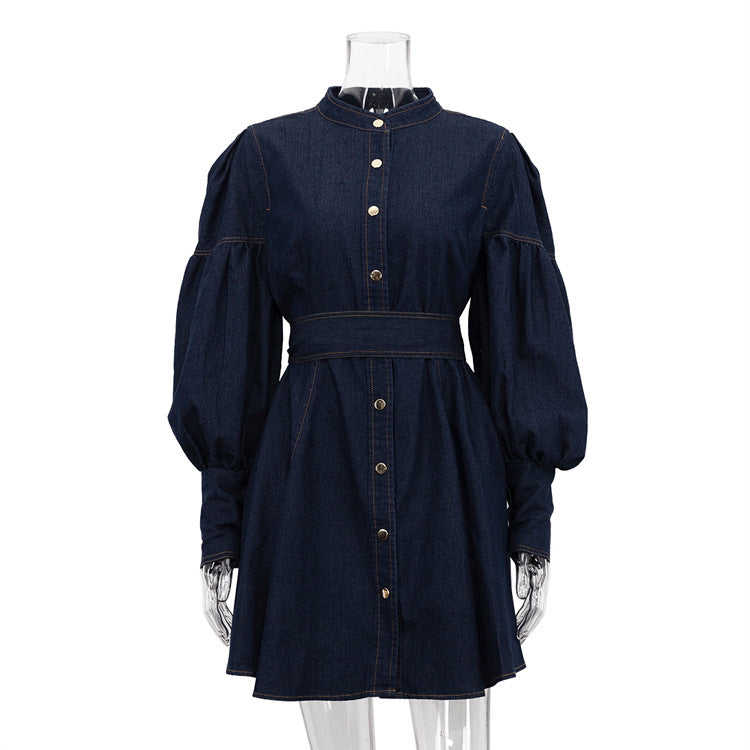 Fashionable Lantern Sleeve Denim Shirt Dress
