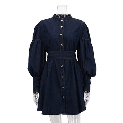 Fashionable Lantern Sleeve Denim Shirt Dress