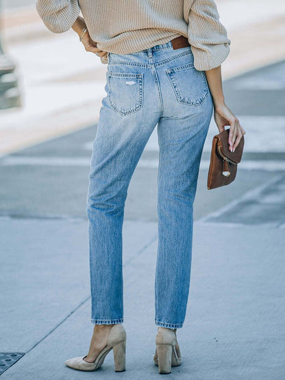 Women's Distressed High-Waisted Skinny Jeans Casual Denim Pants