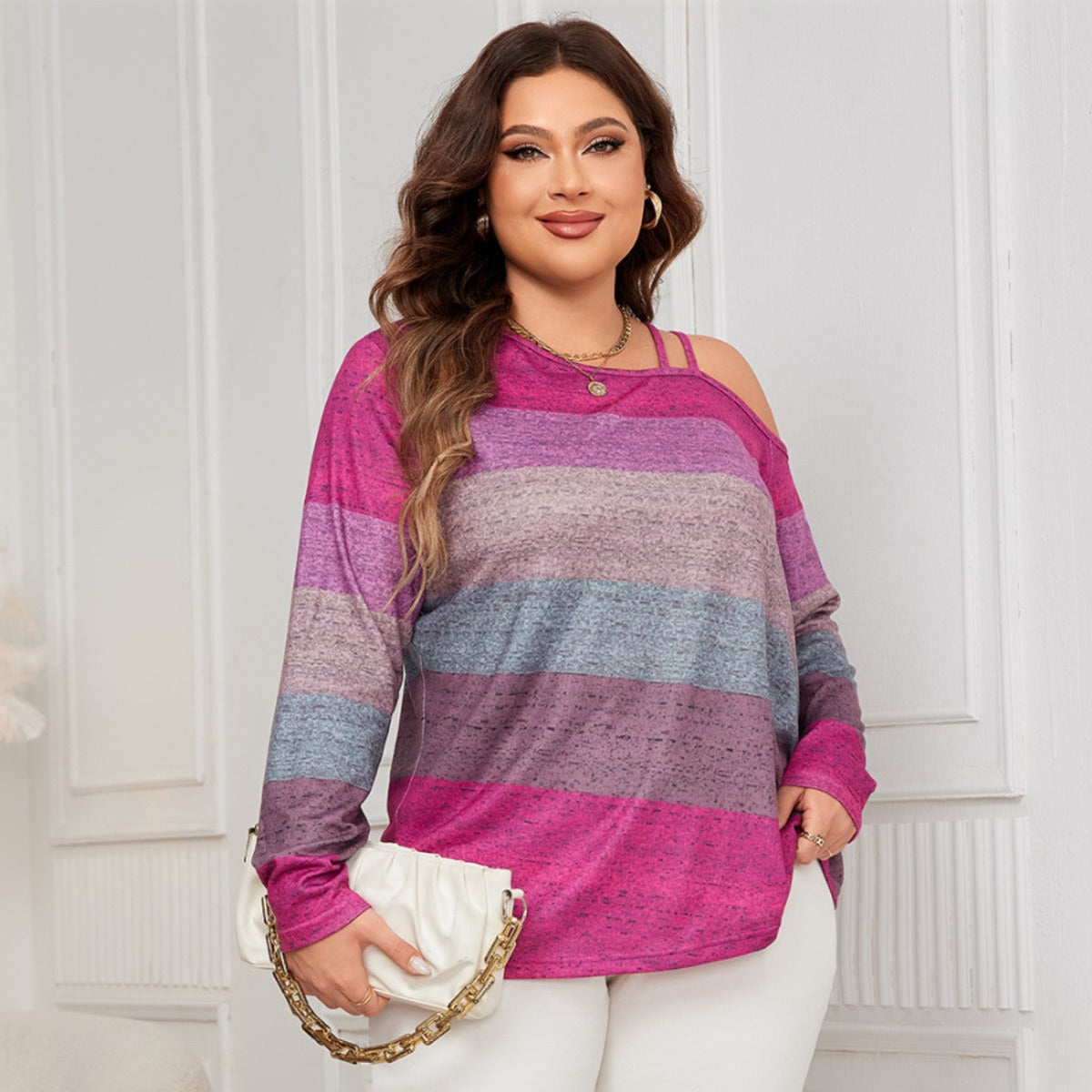 Off-Shoulder Loose Long Sleeve Shirt Color Block Top