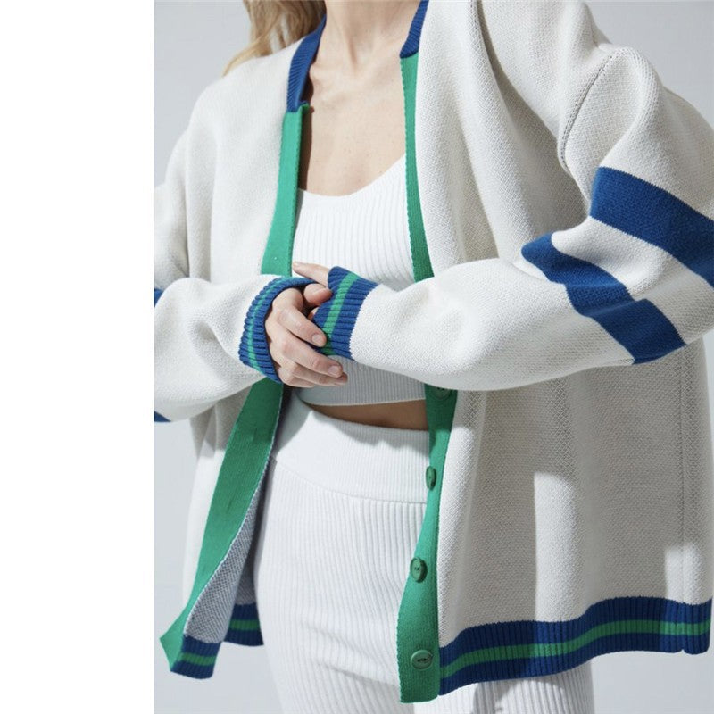 Trendy Color Contrast Striped Knit Cardigan