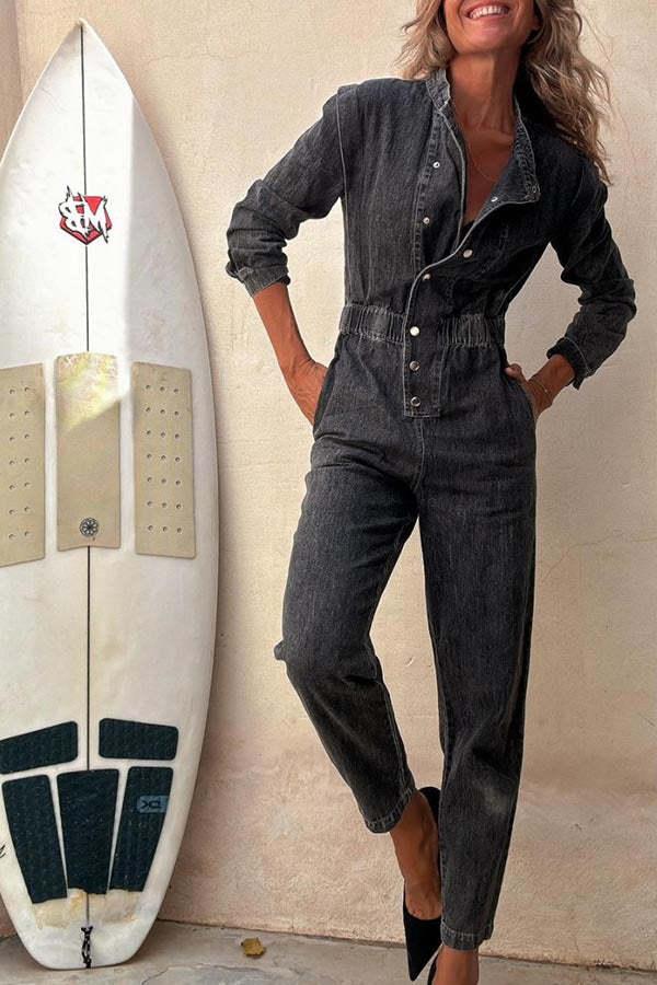 Trendy Pocket Denim Jumpsuit with Elastic Waist