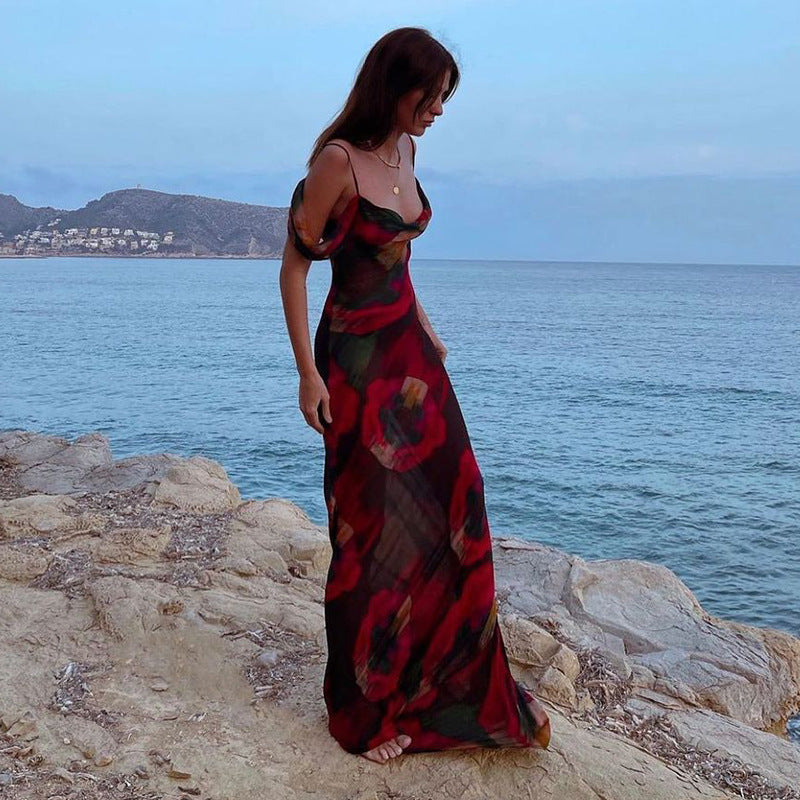Fashion Printed Suspenders Sleeveless High Waist One Shoulder Temperament Dress For Women