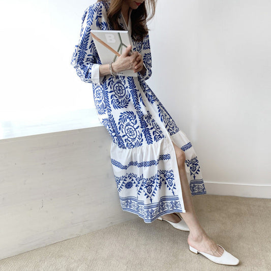Bohemian Blue And White Porcelain Printed Women'S Shirt Long National Style Dress