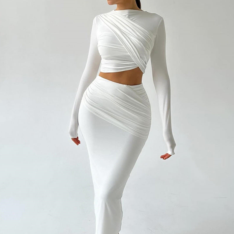 Trendy Casual Long Sleeve Crop Top And Midi Skirt Set