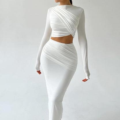 Trendy Casual Long Sleeve Crop Top And Midi Skirt Set