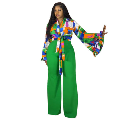 Floral Print Bell Sleeve Top And Wide-Leg Pants Set
