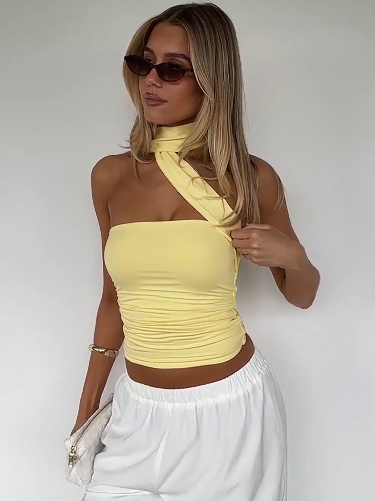 Sexy Strapless Cropped Top with Ribbons in Yellow
