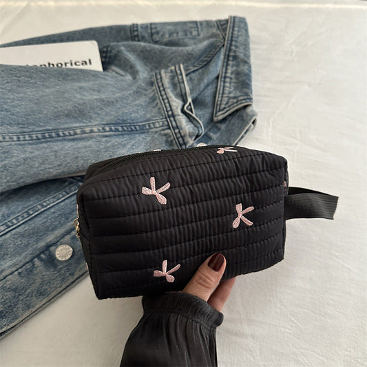 Cute Bow Embroidery Portable Puffer Cosmetic Bag