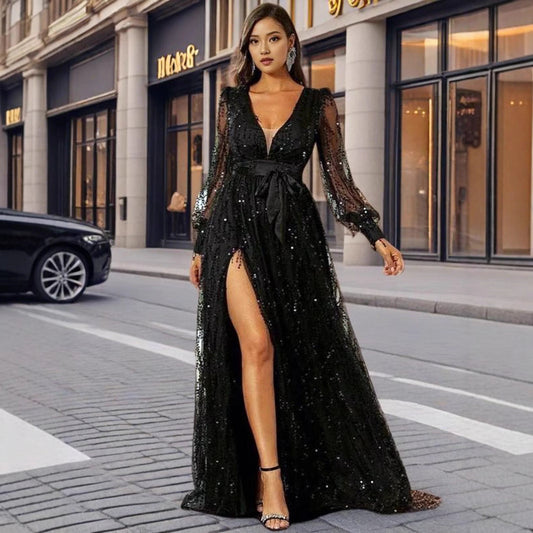Sequin Maxi Dress with V-Neck and Strap Design
