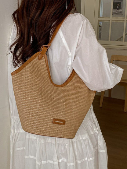 Trendy Woven Shoulder Bag Color Block Beach Bag