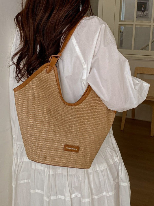 Trendy Woven Shoulder Bag Color Block Beach Bag