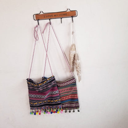 New Handmade Original Retro Storm Bohemian Canvas Bag Ethnic Style Fur Ball Tassel Crossbody Bag Shoulder Bag