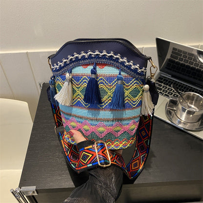 Trendy Woven Bucket Bag for Women with Fringe