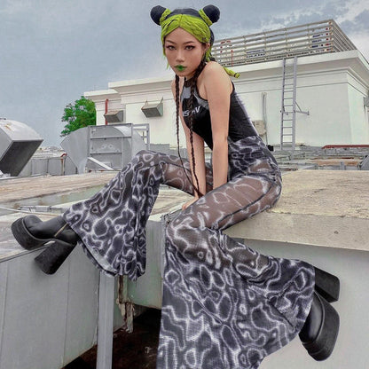 Printed High Waist Gauze Net Slightly Transparent Fashion Casual Women'S Horn Pants