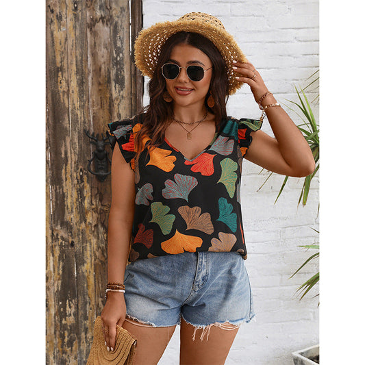 Fashionable V-Neck Flutter Sleeve Shirt Casual Printed Top