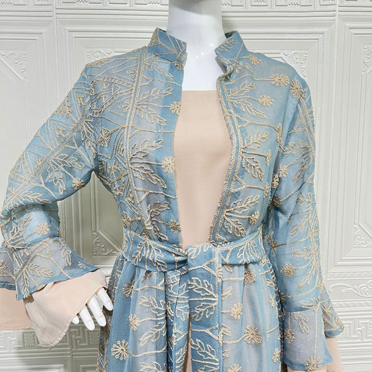 Elegant Long Sleeve Embroidered Dress with Cardigan