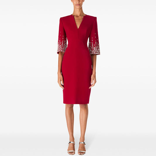 V-Neck Knee-Length Dress With Beaded Details For Parties