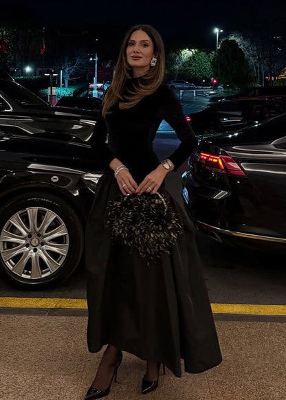 Velvet And Taffeta Maxi Dress With High Neck