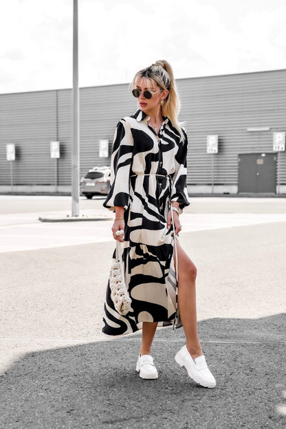 Autumn New Digital Print Lace Up Long Sleeve Shirt Loose Casual Long Dress
