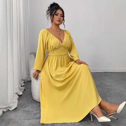 Yellow Deep V-Neck Dress Elegant High-Waisted Gown