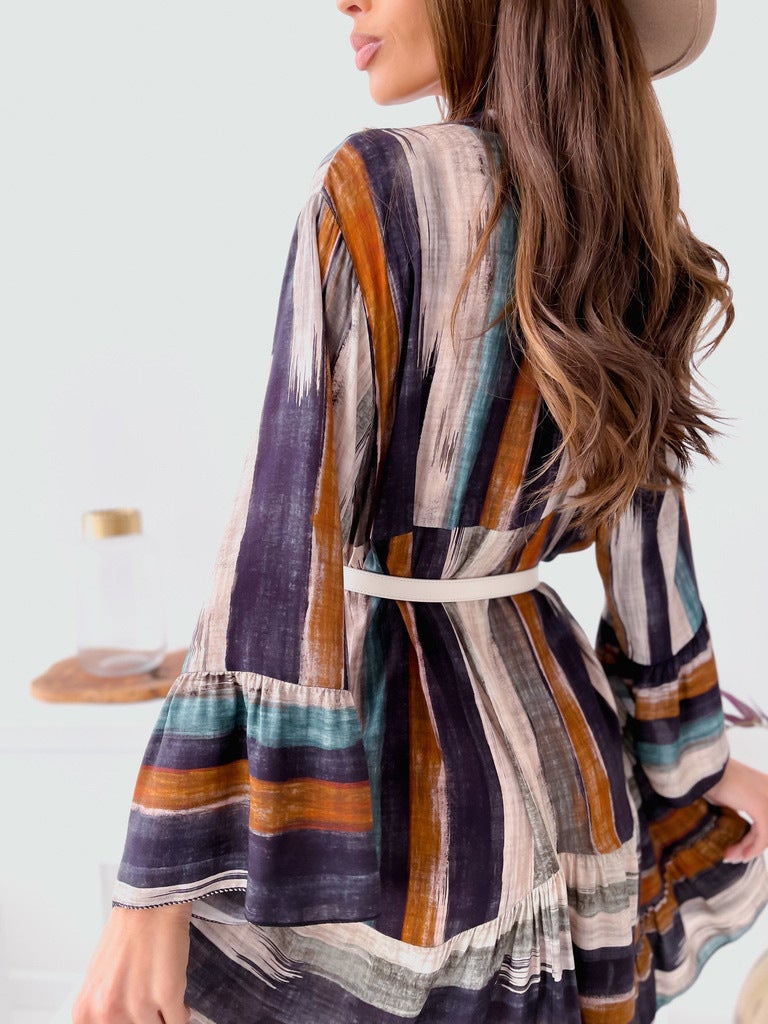 Fashion European And American Tie Dyed V-Neck Long Sleeve Dress For Women