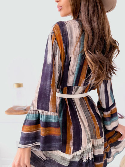 Fashion European And American Tie Dyed V-Neck Long Sleeve Dress For Women