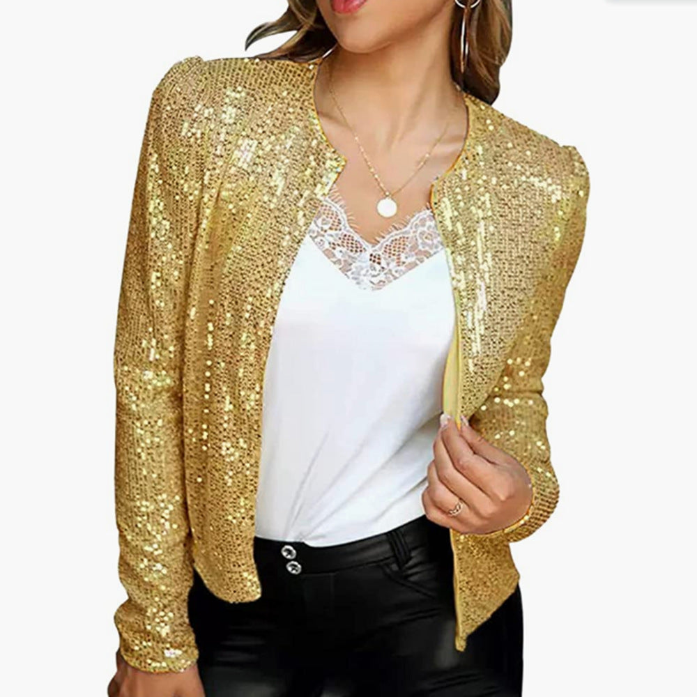 New Women'S Fashion Stand-Up Collar Color Block Color Sequin Coat Short Casual Versatile Small Coat