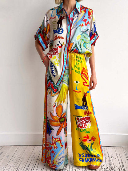 Trendy Colorful Printed Short Sleeve Jumpsuit Set