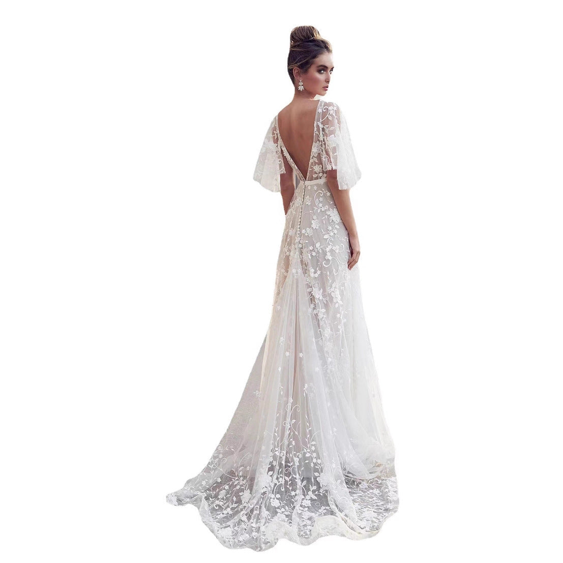 Deep V Neck Lace Back Midi Dress Elegant Evening Gown
