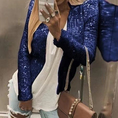 New Women'S Fashion Stand-Up Collar Color Block Color Sequin Coat Short Casual Versatile Small Coat