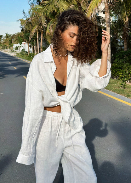 Lounge Shirt And Wide Leg Pants Set Brown White