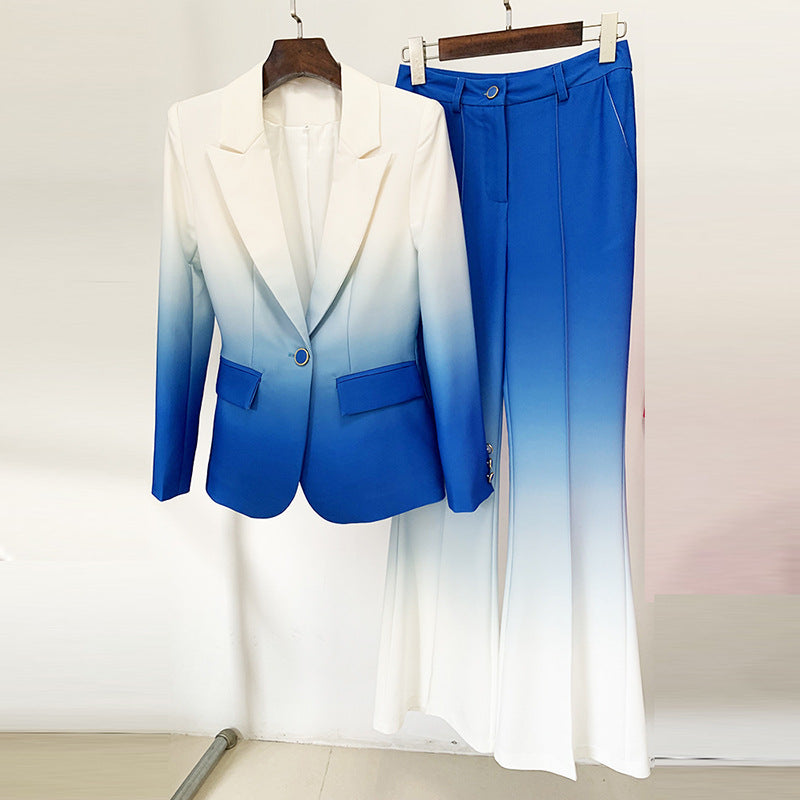 Fashionable Gradient Color Blazer And Flared Pants Set
