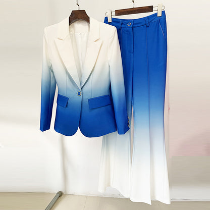Fashionable Gradient Color Blazer And Flared Pants Set