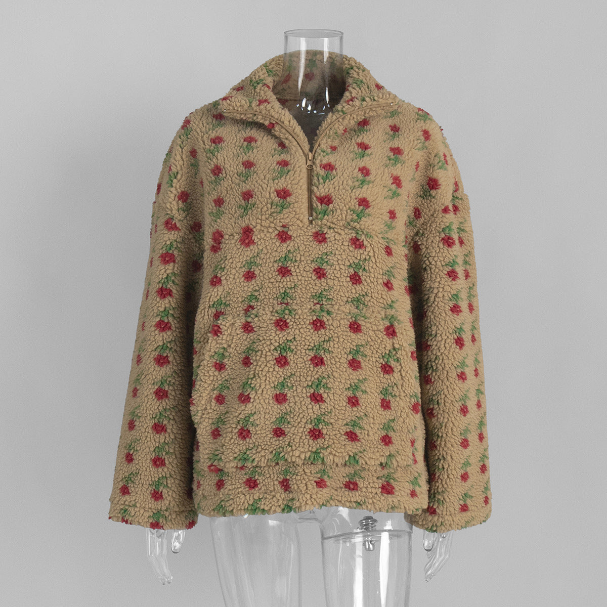Floral Pattern Fleece Hoodie Casual Warm Sweatshirt