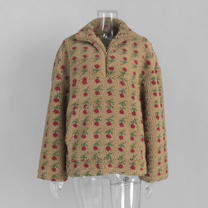 Floral Pattern Fleece Hoodie Casual Warm Sweatshirt