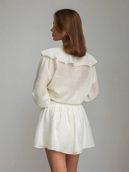 French V-Neck Ruffle Sleeve Shirt and Shorts Set