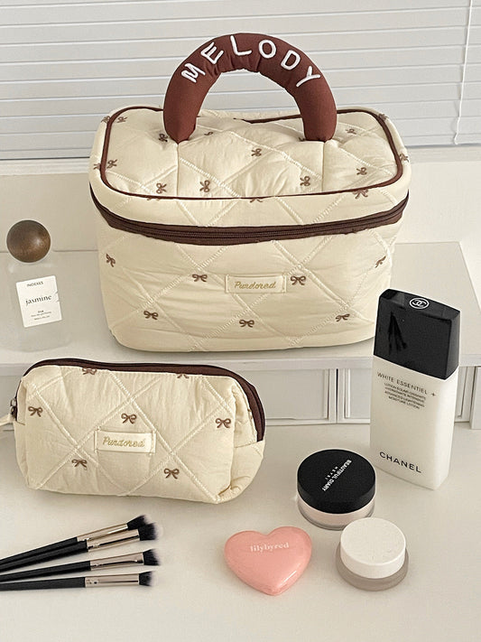 Coffee Bowknot Makeup Bag Portable Embroidered Travel Organizer