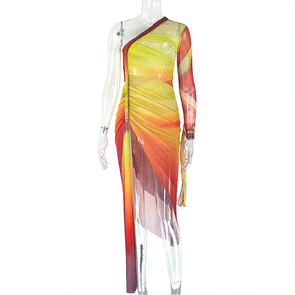 Trendy Color Block Asymmetrical Dress With Ruching