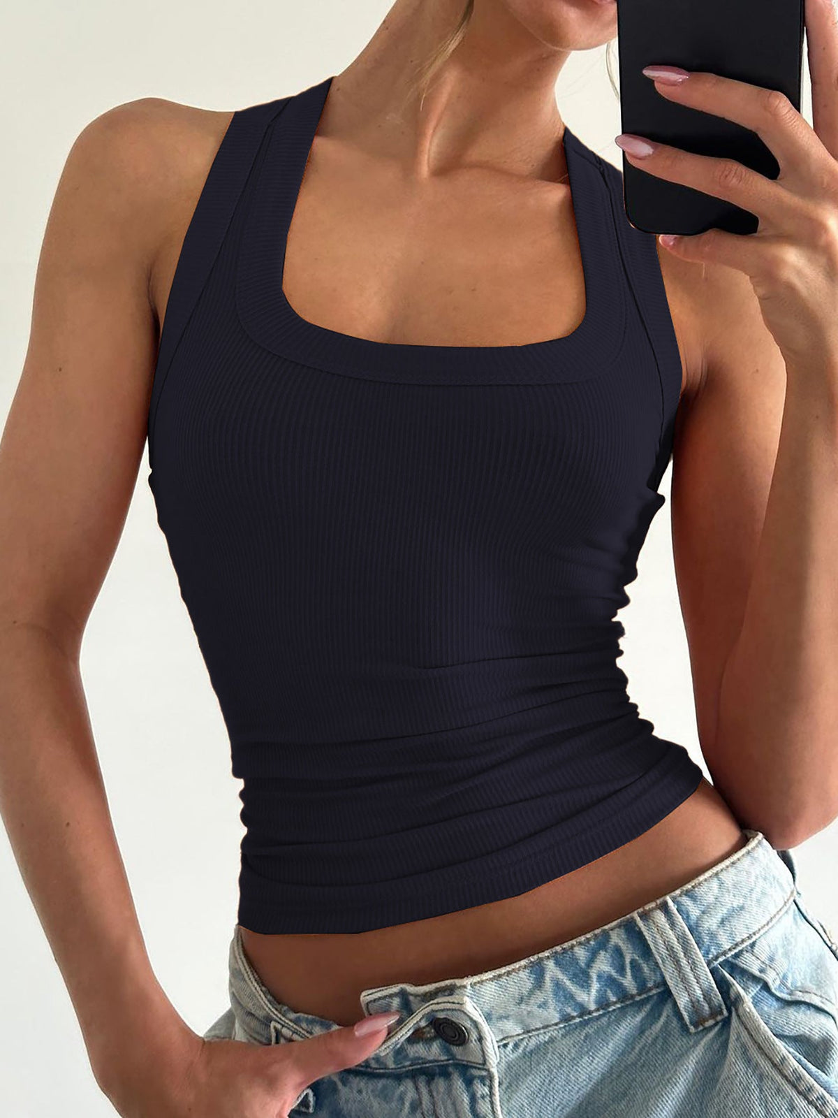 Solid Color Fitted Crop Top with U-Neck